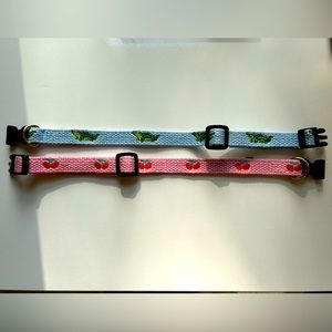 Pair of whimsical dog collars - pink with red cherries and blue with alligators